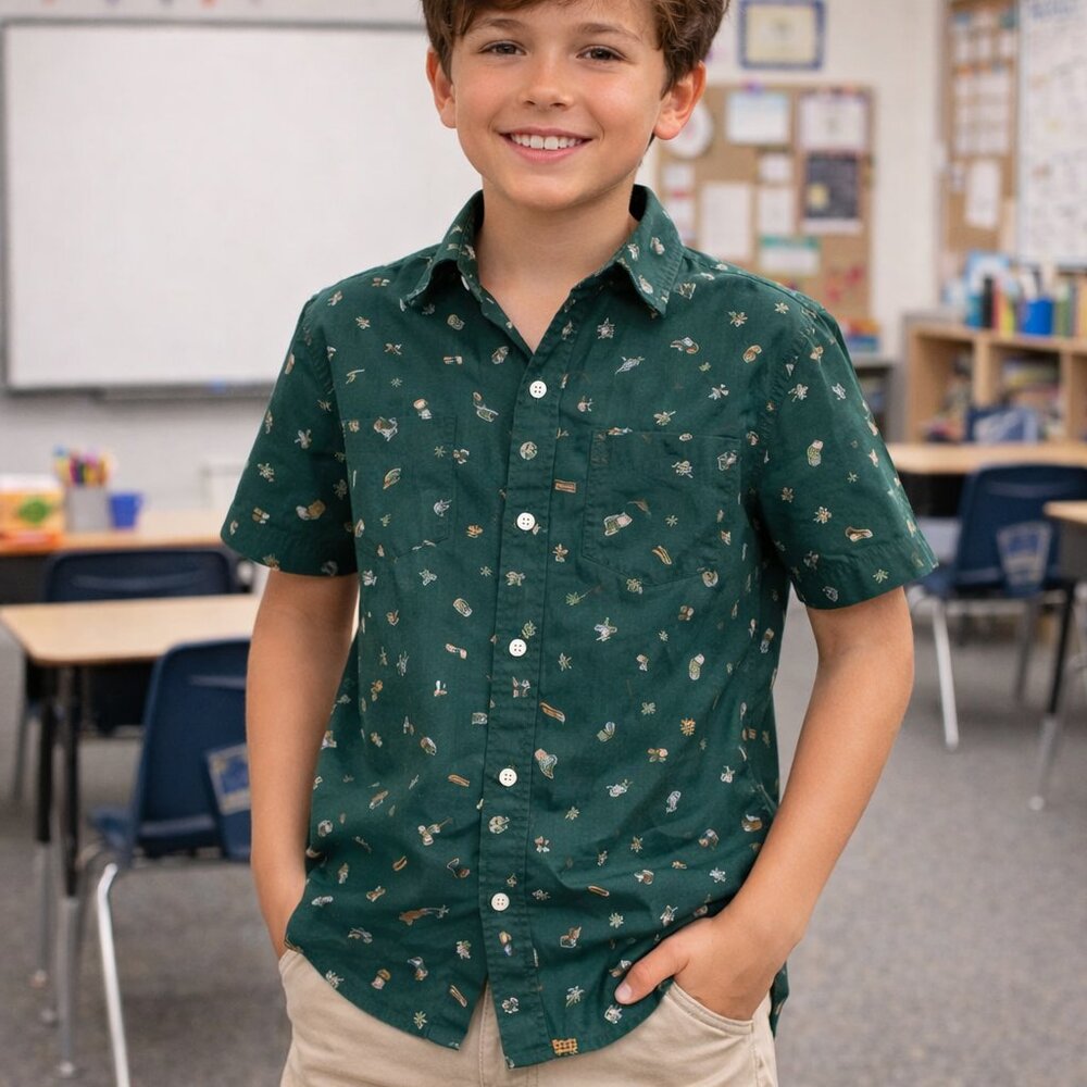 Children’s Place | Green Button Down Shirt with Fun Icons